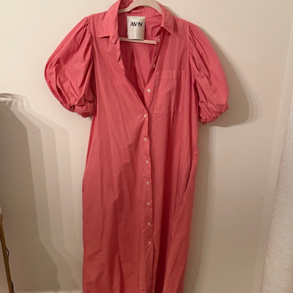 Coral Pink Puff-Sleeve Midi Tulip Shirt Dress size M EUC